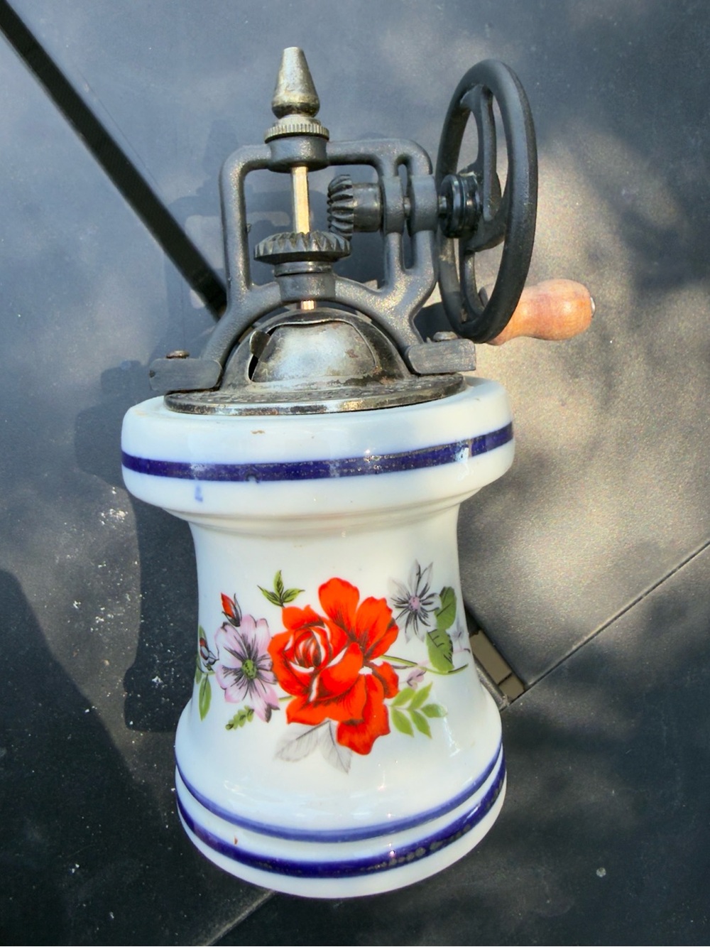 Vintage Porcelain Floral Wall Pepper Grinder Metal Crank White Red Blue Stripes